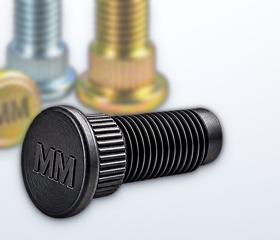 Parafuso cabeça chata recartilhado, com a marca MM na cabeça
