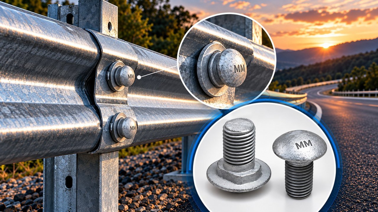 Defensa metálica em rodovia, com destaque para os parafusos de fixação com a marca MM